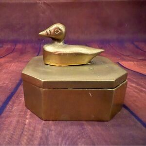 Vintage Mid Century Modern Solid Brass Duck Trinket Dish with Lid